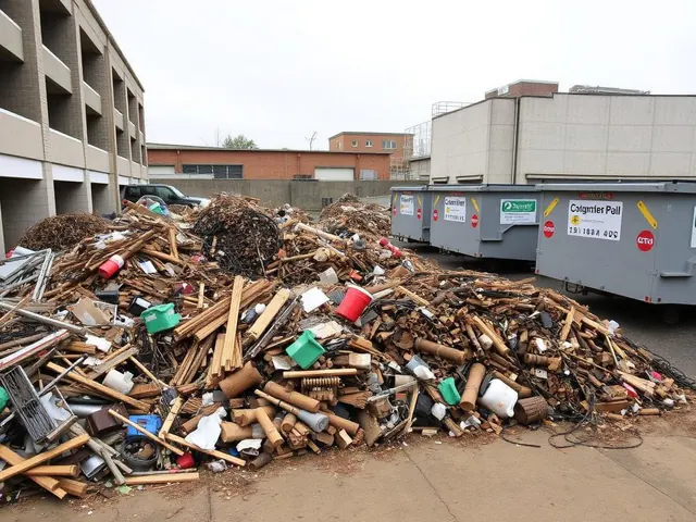 Organized material separation area with labeled dumpsters on a demolition site