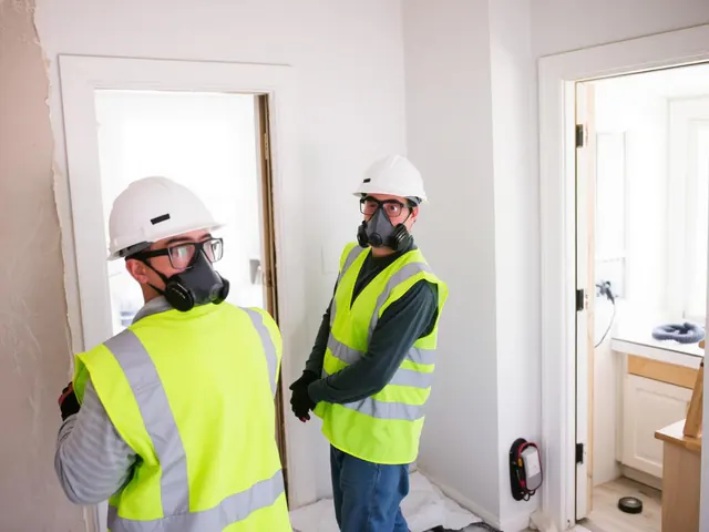 Two workers in PPE performing interior selective demolition with dust containment